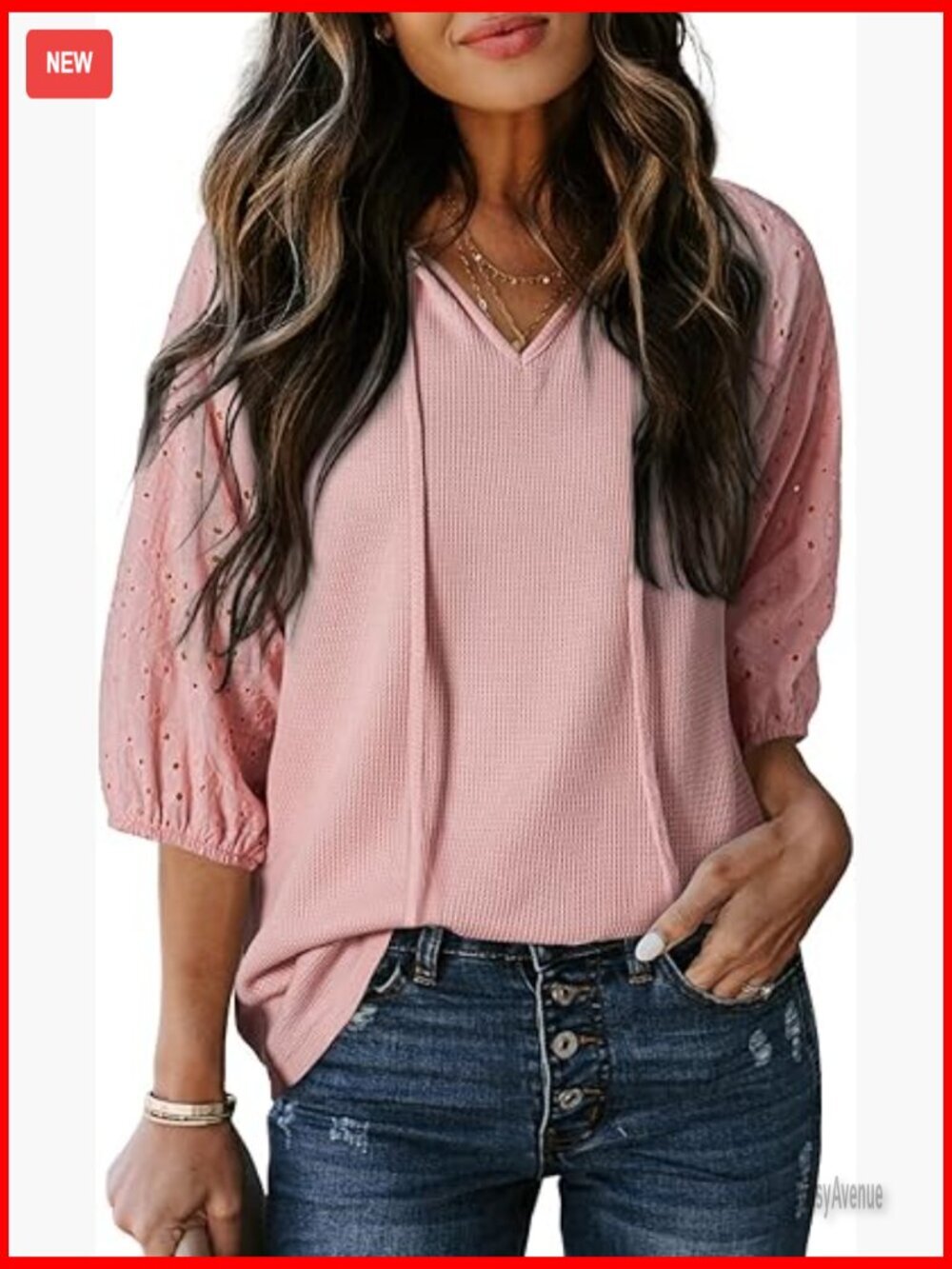 Embroidered 3/4 Sleeve V Neck Waffle Knit Blouse Tunic Top